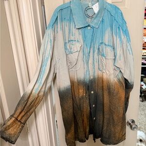 A RARE BIRD Blue and Brown Ombre button up Frayed Shirt OS oversized Boho style